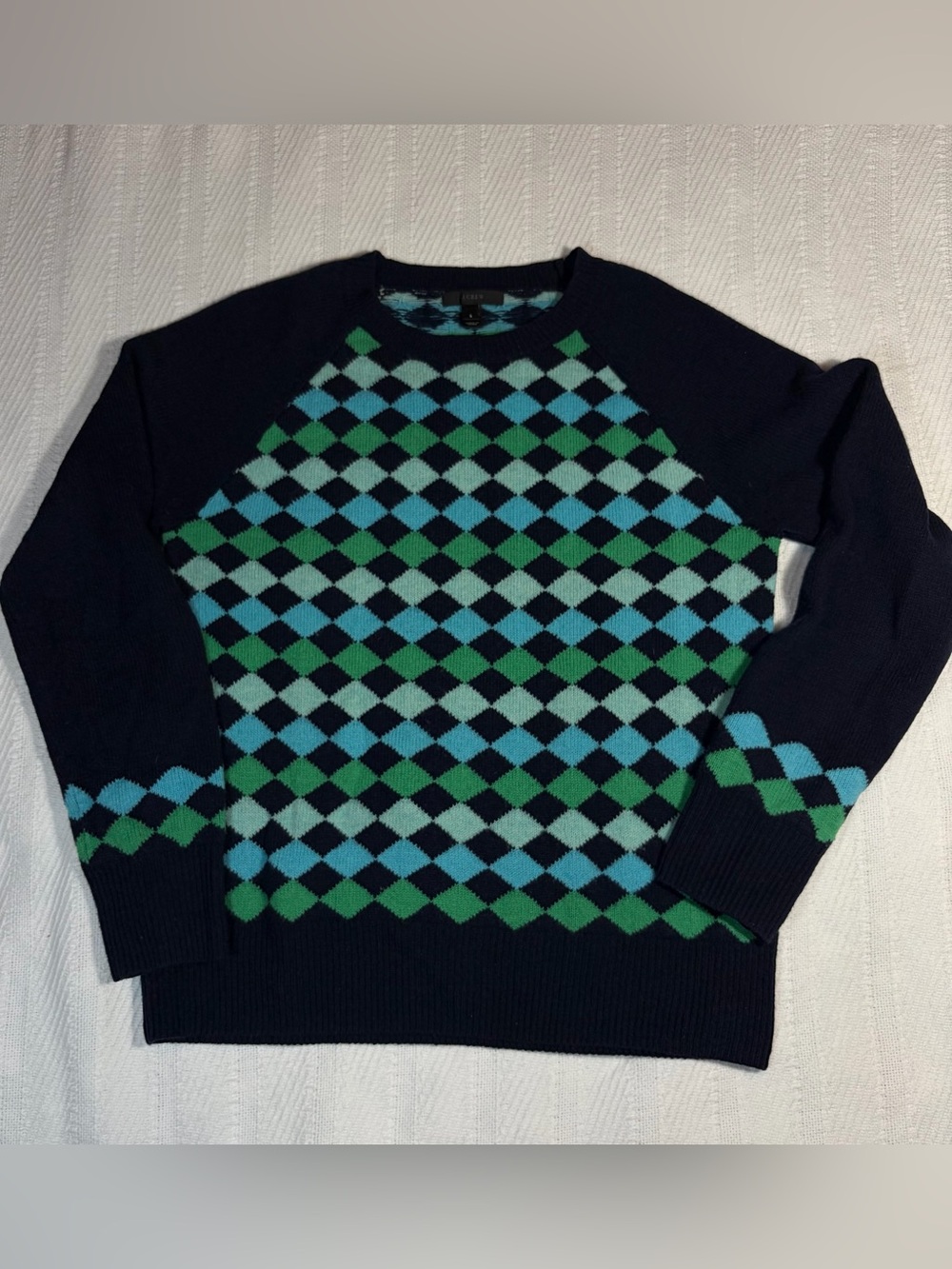 J. Crew Women’s Sweater Sz Small 100% Lambswool Argyle Navy Blue Green Diamonds